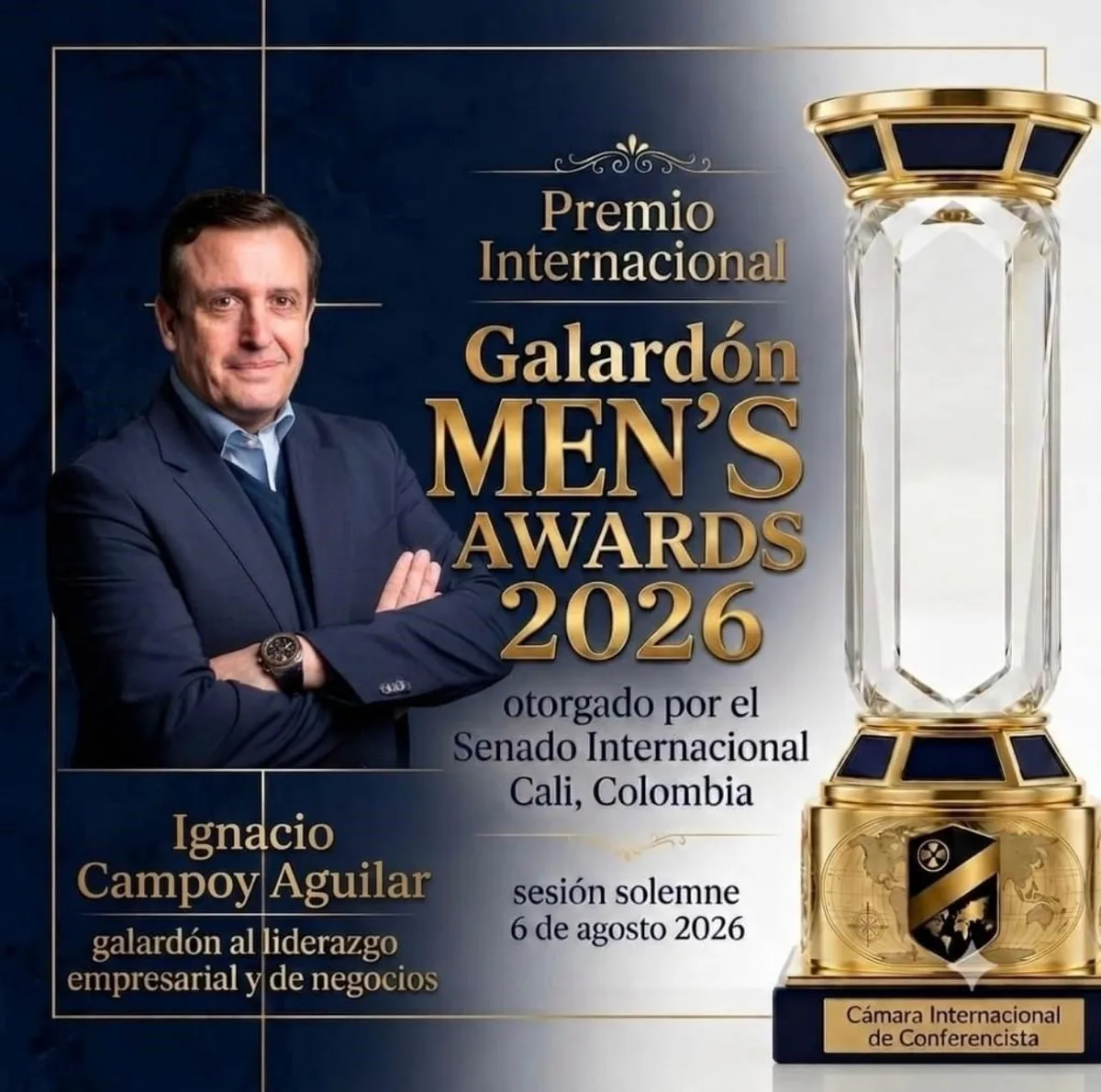 Cartel del Galardón Men’s Awards 2026 otorgado a Ignacio Campoy Aguilar por el Senado Internacional de Cali, Colombia